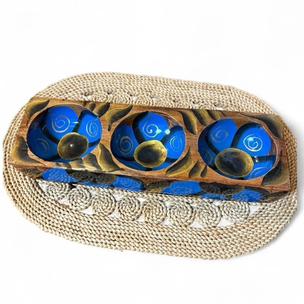 Vintage Hand Painted Wooden Serving Condiment or Trinket Tray Gold Blue Black